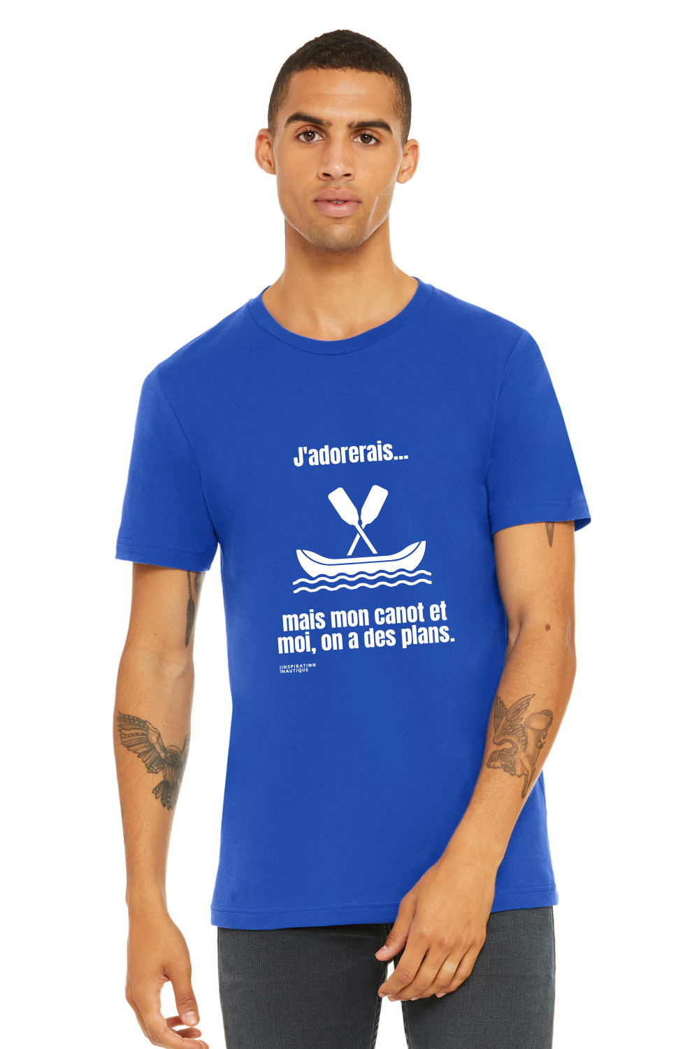 T-shirt unisexe col rond - J'adorerais... mais mon canot et moi, on a des plans - Visuel blanc