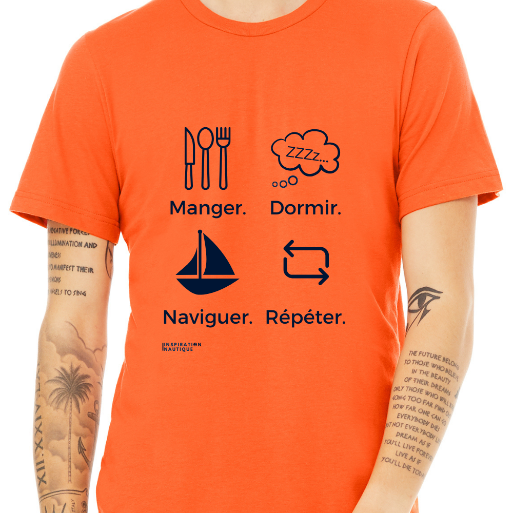 T-shirt unisexe col rond - Manger, dormir, naviguer, répéter (voilier) - Visuel marine