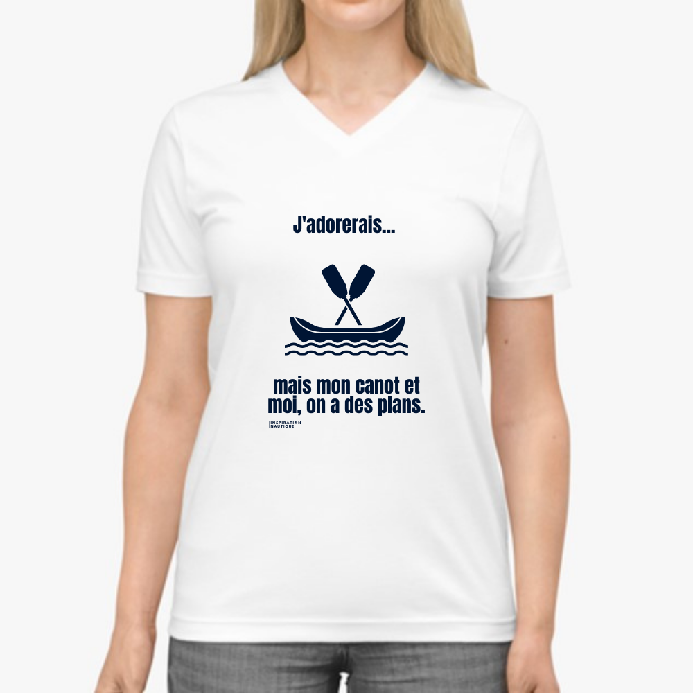 T-shirt unisexe col en V - J'adorerais... mais mon canot et moi, on a des plans - Visuel marine