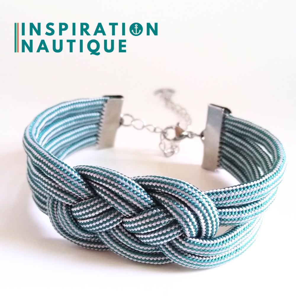 Bracelet marin avec noeud de carrick double, Sarcelle et blanc, ligné, Medium