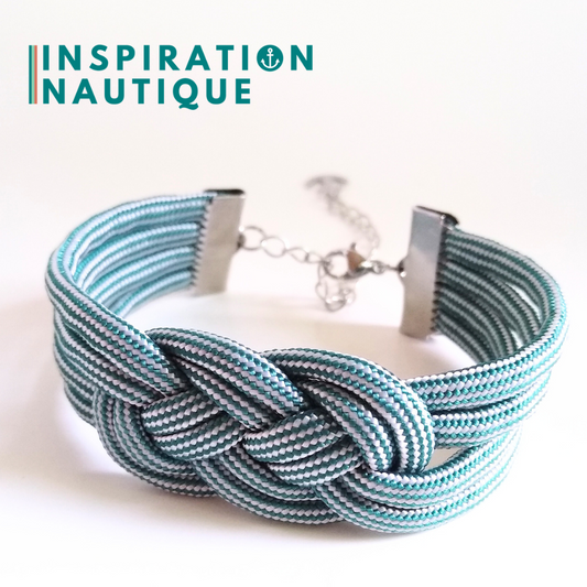 Bracelet marin avec noeud de carrick double, Sarcelle et blanc, ligné, Medium