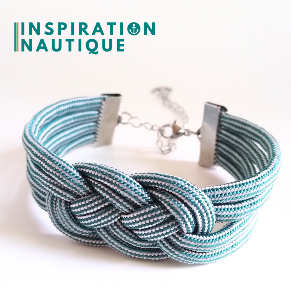 Bracelet marin avec noeud de carrick double unisexe, en paracorde 550 et acier inoxydable Sarcelle et blanc, ligné