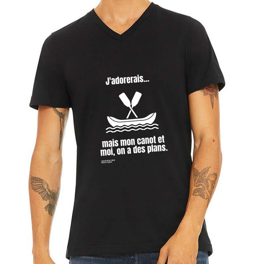 T-shirt unisexe col en V - J'adorerais... mais mon canot et moi, on a des plans - Visuel blanc