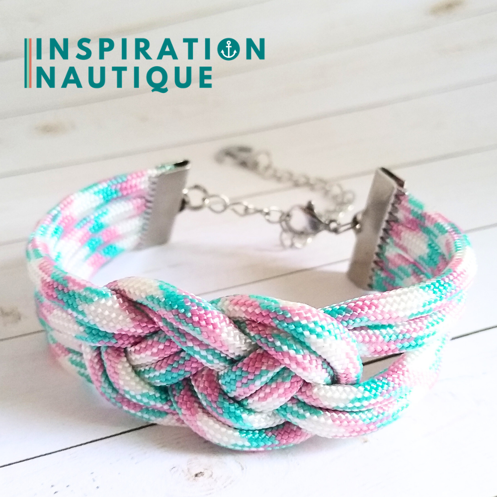 Bracelet marin avec noeud de carrick double unisexe, en paracorde 550 et acier inoxydable, Turquoise, rose et blanc