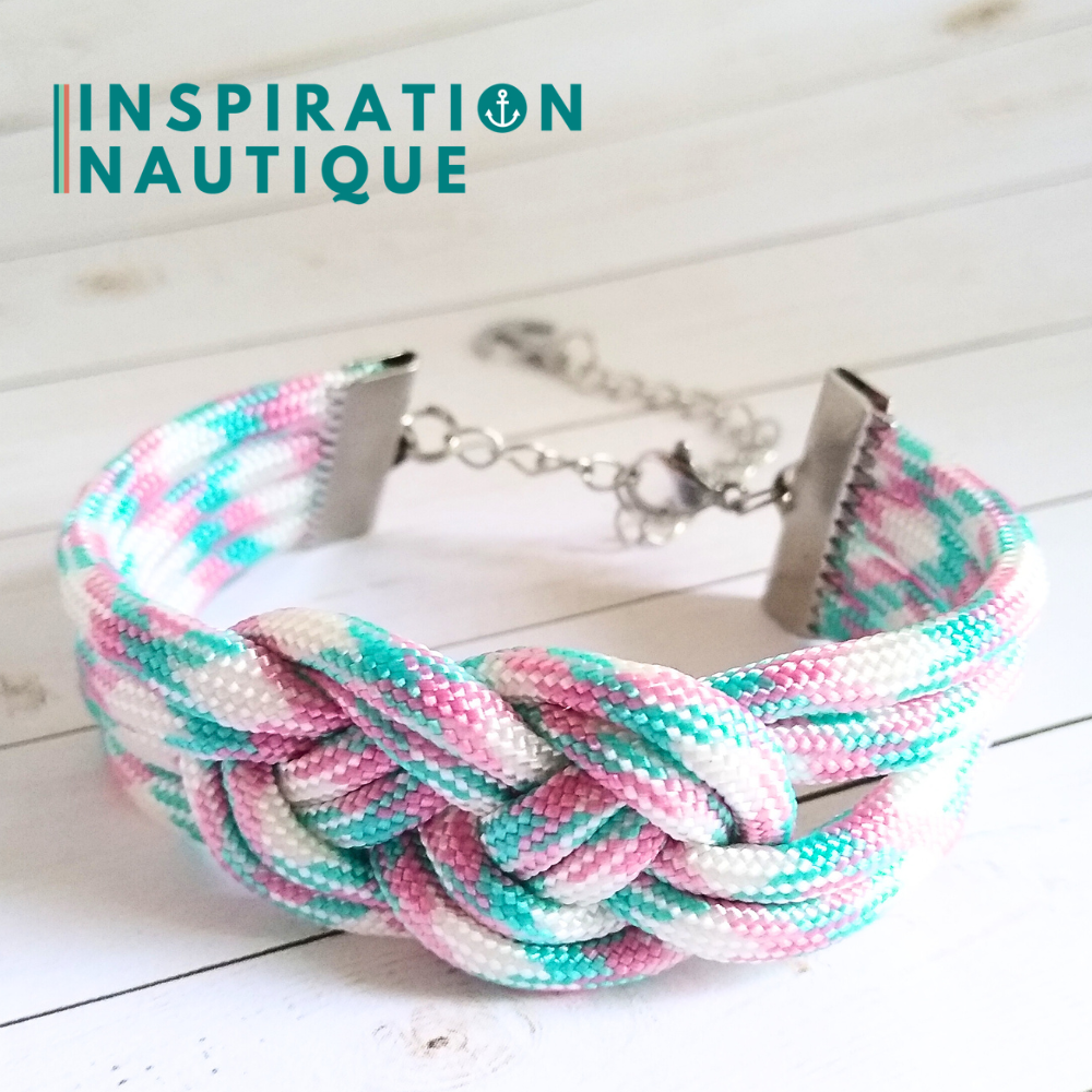 Bracelet marin avec noeud de carrick double, Turquoise, rose et blanc, Small