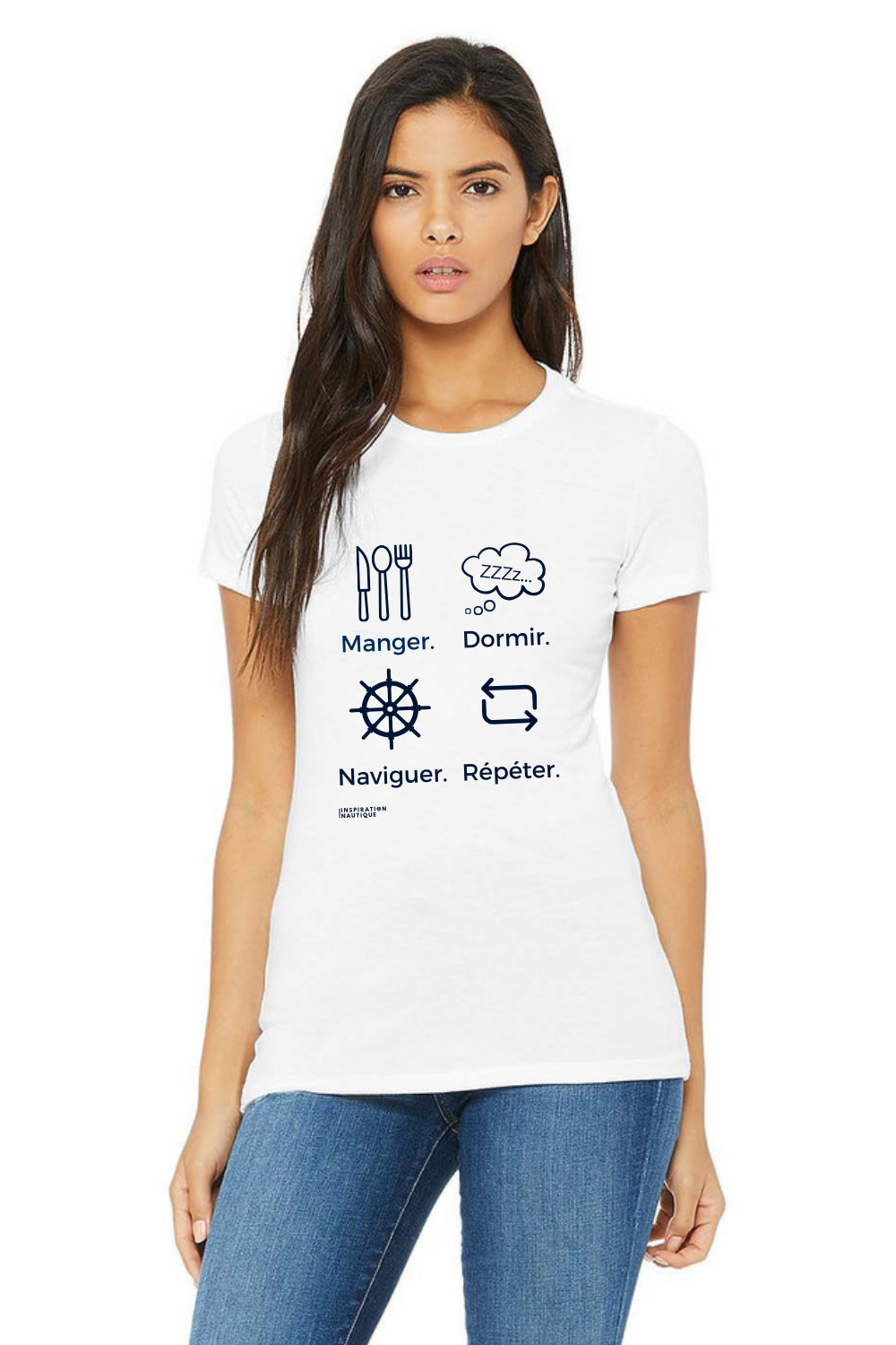 T-shirt femme - Manger, dormir, naviguer, répéter (roue) - Visuel marine