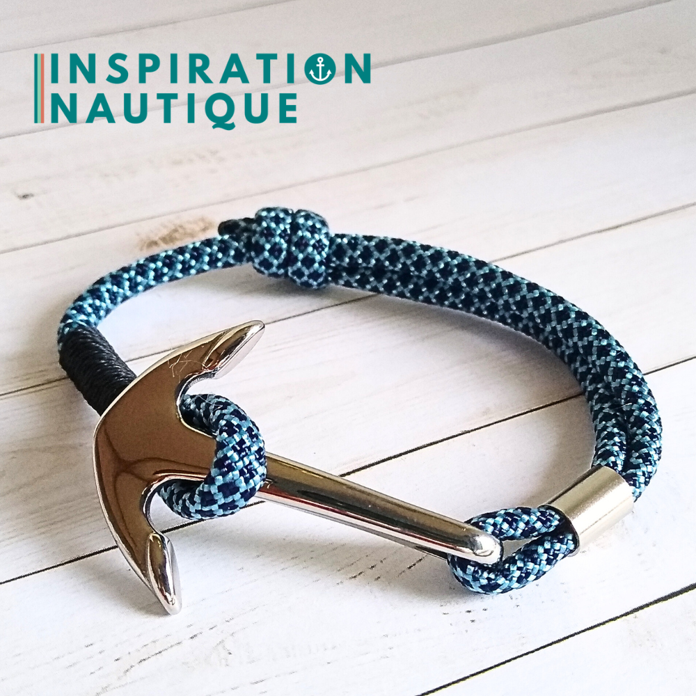 Bracelet marin avec ancre en paracorde 550 et acier inoxydable, ajustable, Marine et bleu pâle, diamants, surliure marine, Small