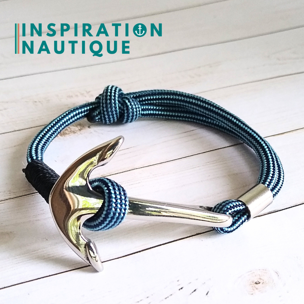 Bracelet marin avec ancre en paracorde 550 et acier inoxydable, ajustable, Marine et bleu pâle, ligné, surliure marine, Medium