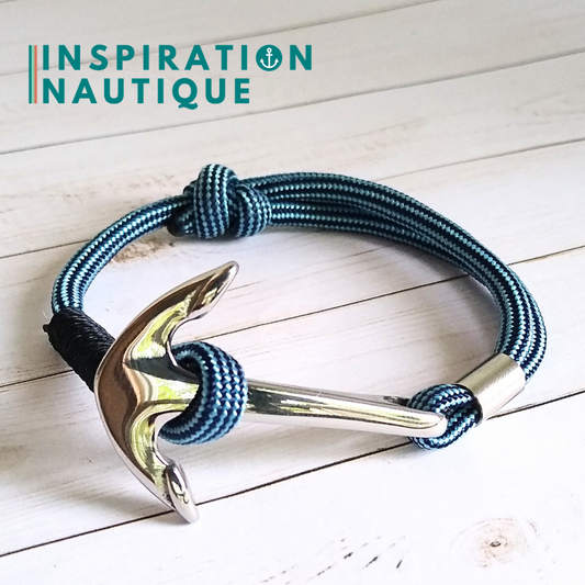 Bracelet marin avec ancre en paracorde 550 et acier inoxydable, ajustable, Marine et bleu pâle, ligné