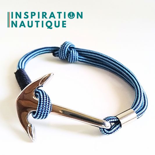 Bracelet marin avec ancre en paracorde 550 et acier inoxydable, ajustable, Marine et bleu pâle, ligné, surliure marine, Medium