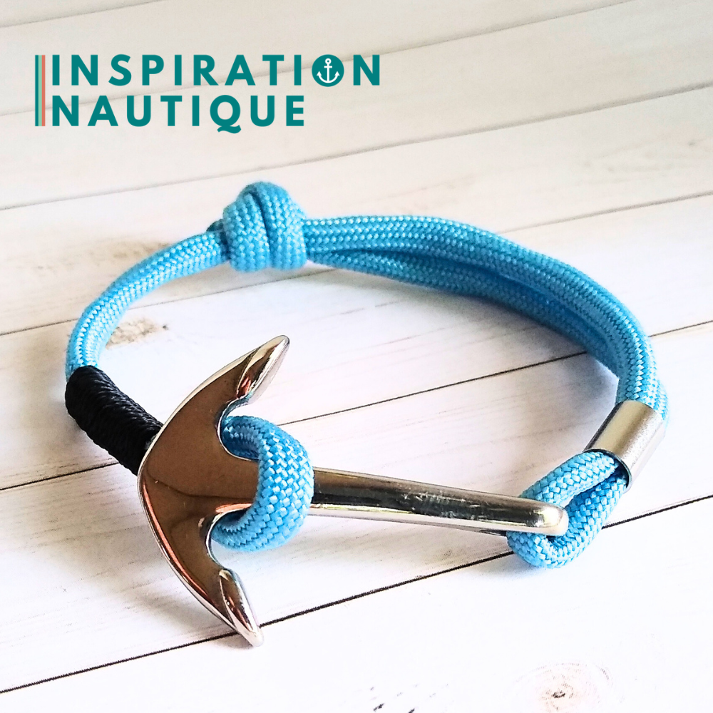 Bracelet marin avec ancre en paracorde 550 et acier inoxydable, ajustable, Bleu pâle, surliure marine, Medium