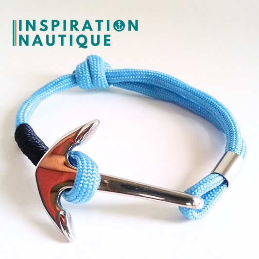 Bracelet marin avec ancre en paracorde 550 et acier inoxydable, ajustable, Bleu pâle, surliure marine, Medium