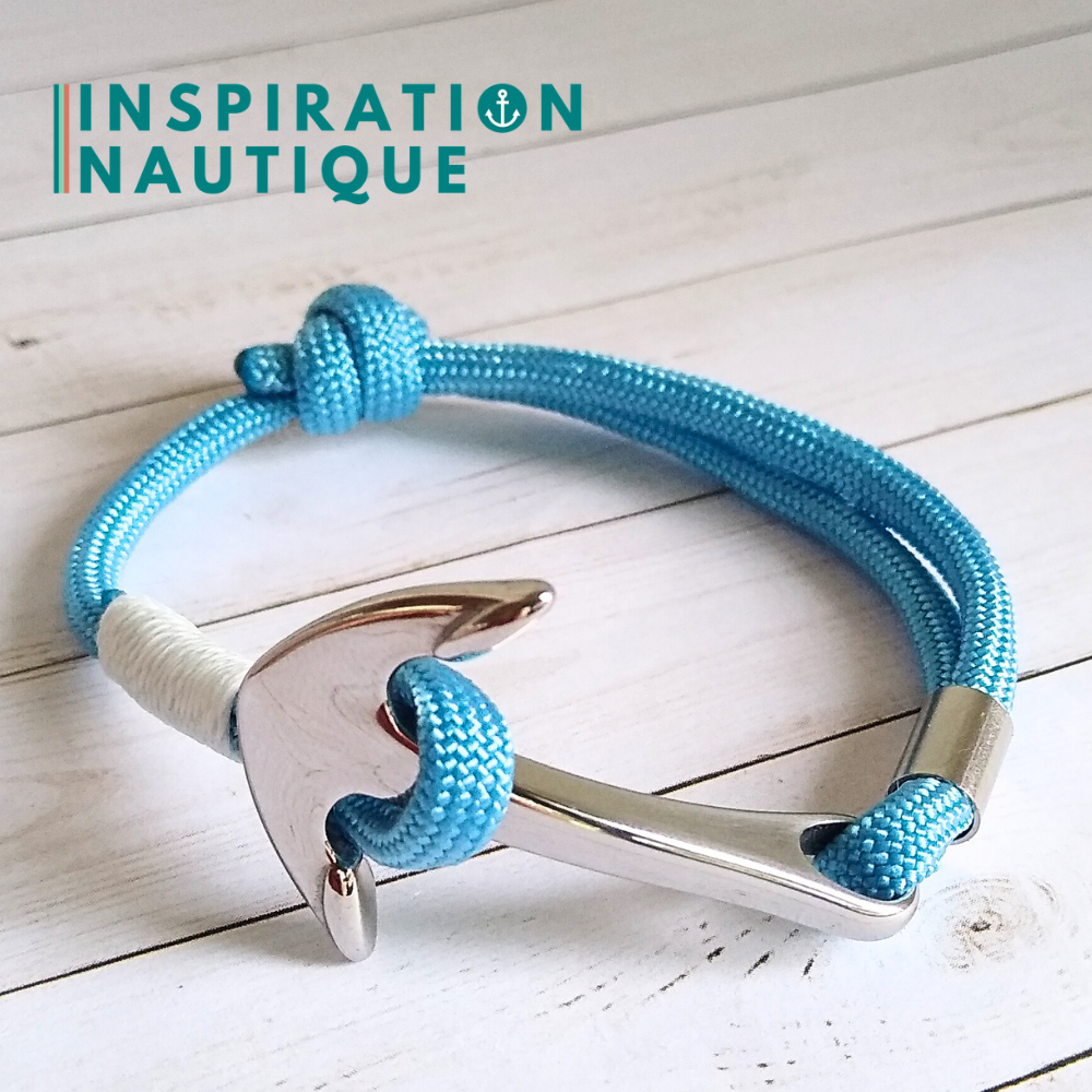 Bracelet marin avec ancre en paracorde 550 et acier inoxydable, ajustable, Bleu pâle, surliure blanche, Medium