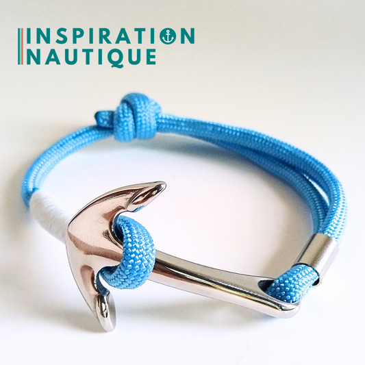 Bracelet marin avec ancre en paracorde 550 et acier inoxydable, ajustable, Bleu pâle, surliure blanche, Medium