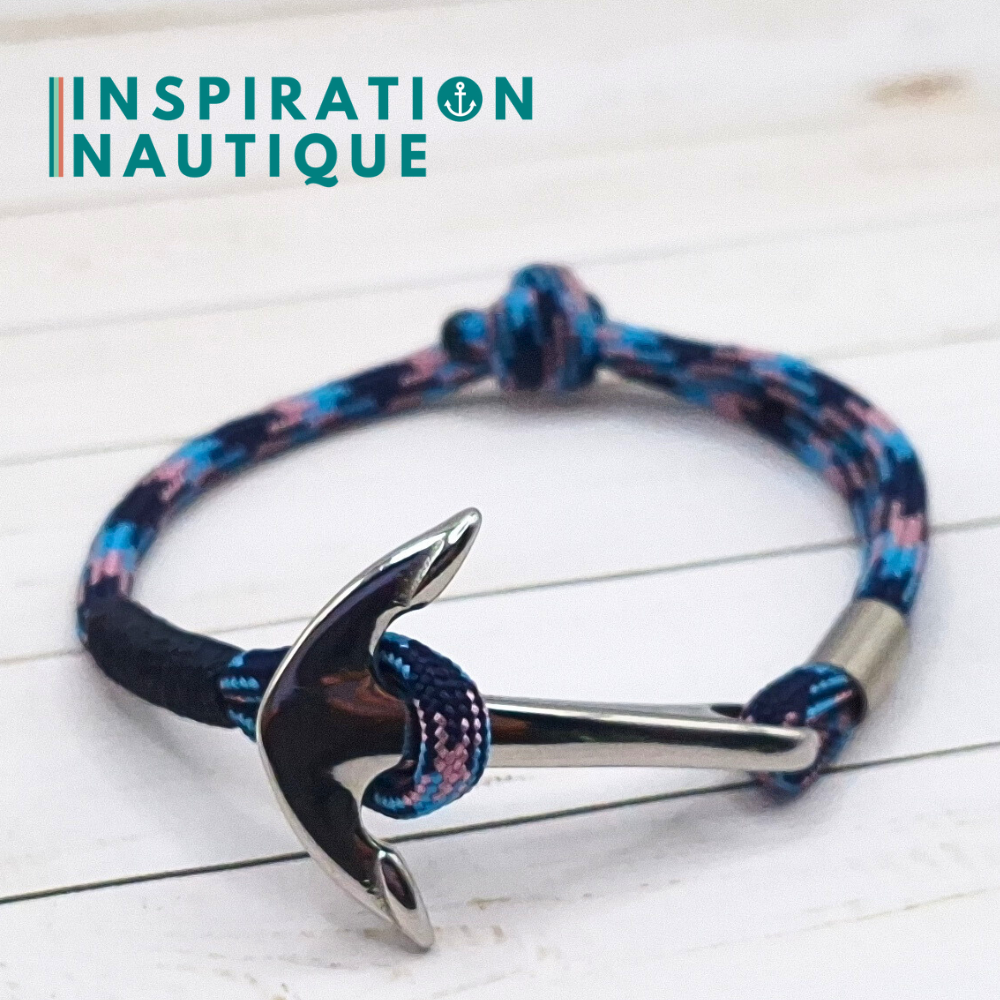 Bracelet marin avec ancre en paracorde 550 et acier inoxydable, ajustable, Camo marine, rose, bleu pâle, surliure marine, Medium