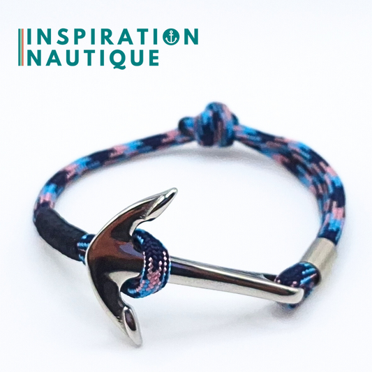 Bracelet marin avec ancre en paracorde 550 et acier inoxydable, ajustable, Camo marine, rose, bleu pâle, surliure marine, Medium