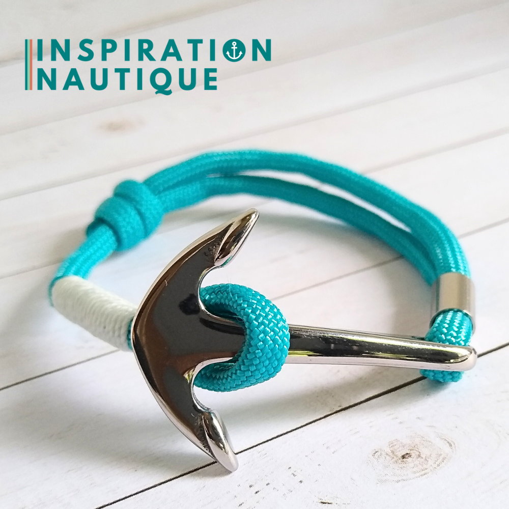 Bracelet marin avec ancre en paracorde 550 et acier inoxydable, ajustable, Turquoise, surliure blanche, Medium