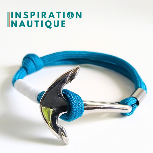 Bracelet marin avec ancre en paracorde 550 et acier inoxydable, ajustable, Bleu Caraïbes, surliure blanche, Medium