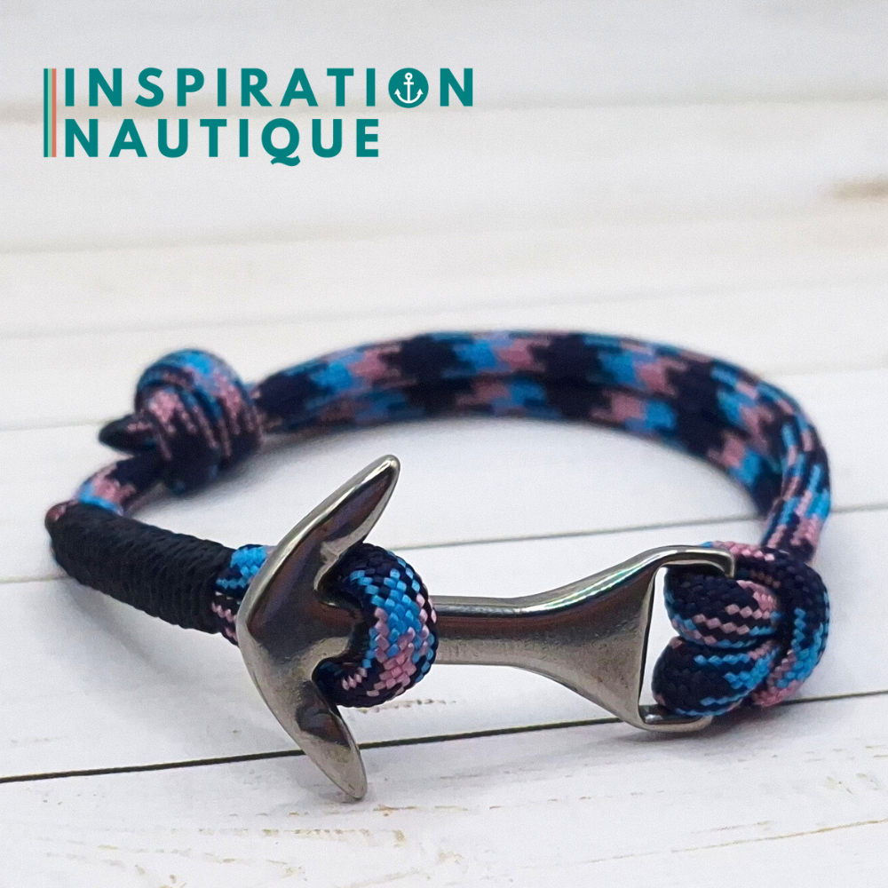 Bracelet marin avec ancre moyenne en paracorde 550 et acier inoxydable, ajustable, Camo marine, rose, bleu pâle