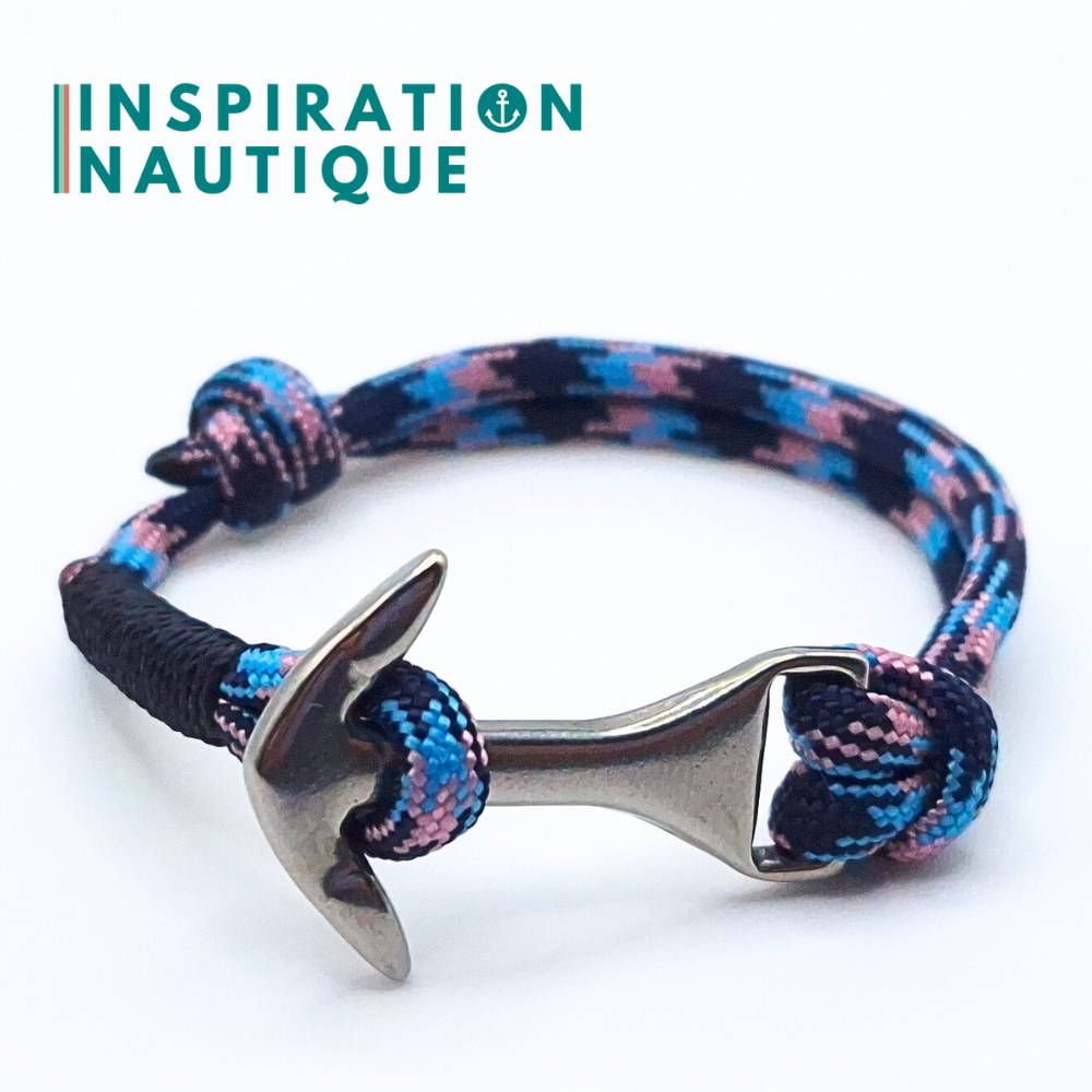 Bracelet marin avec ancre moyenne en paracorde 550 et acier inoxydable, ajustable, Camo marine, rose, bleu pâle