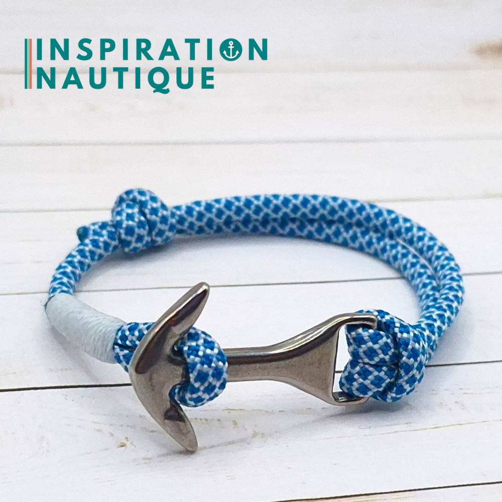 Bracelet marin avec ancre moyenne en paracorde 550 et acier inoxydable, ajustable, Bleu Caraïbes et blanc diamants, surliure blanche, Medium