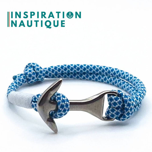 Bracelet marin avec ancre moyenne en paracorde 550 et acier inoxydable, ajustable, Bleu Caraïbes et blanc diamants, surliure blanche, Medium