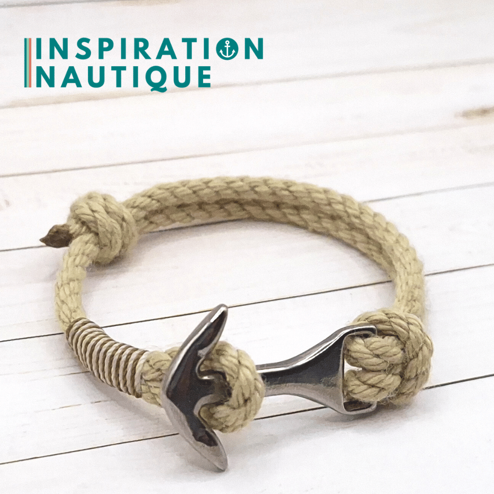 Bracelet ancre moyenne ajustable en cordage de bateau vintage et acier inoxydable, Naturel, surliure brune et blanche, Medium