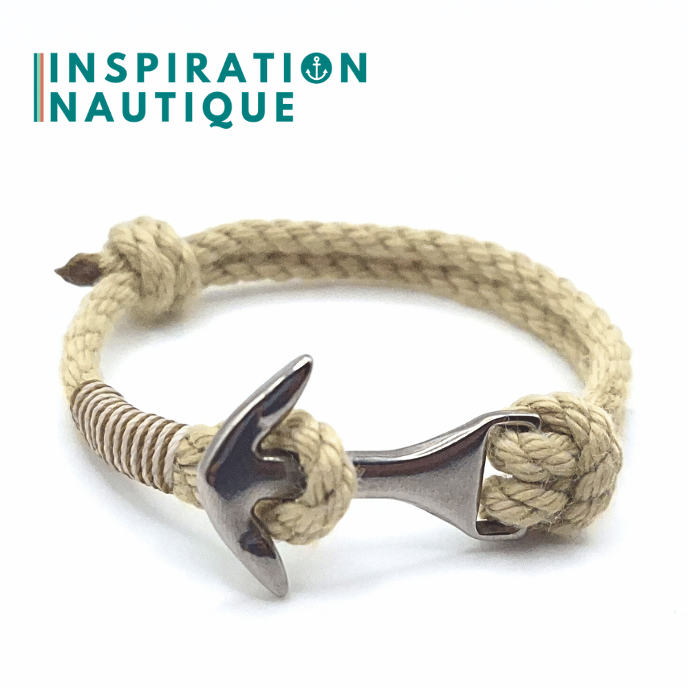 Bracelet ancre moyenne ajustable en cordage de bateau vintage et acier inoxydable, Naturel, surliure brune et blanche, Medium