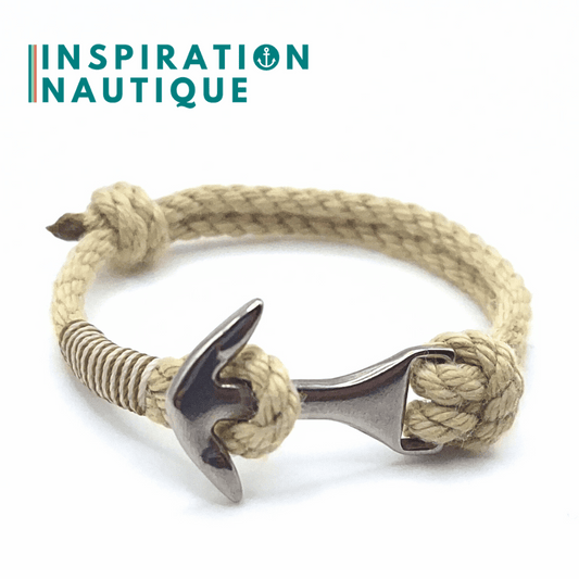 Bracelet ancre moyenne ajustable en cordage de bateau vintage et acier inoxydable, Naturel, surliure brune et blanche, Medium