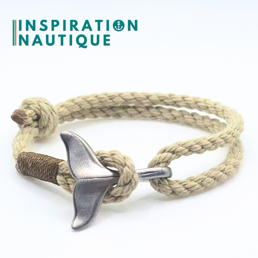 Bracelet marin avec queue de baleine en cordage de bateau vintage et acier inoxydable, ajustable, Naturel, Surliure brune, Medium