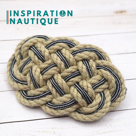 Barrette au style marin composée d'une baderne en cordage de bateau vintage et paracorde 550, Naturel et noir et argenté ligné