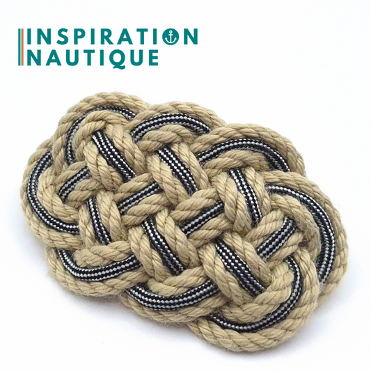 Barrette au style marin composée d'une baderne en cordage de bateau vintage et paracorde 550, Naturel et noir et argenté ligné