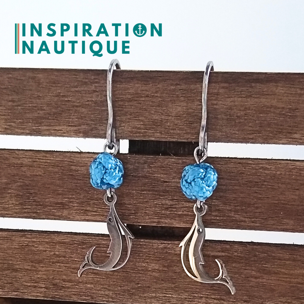 Boucles d'oreilles avec bille en corde et dauphin en acier inoxydable, Bleu pâle