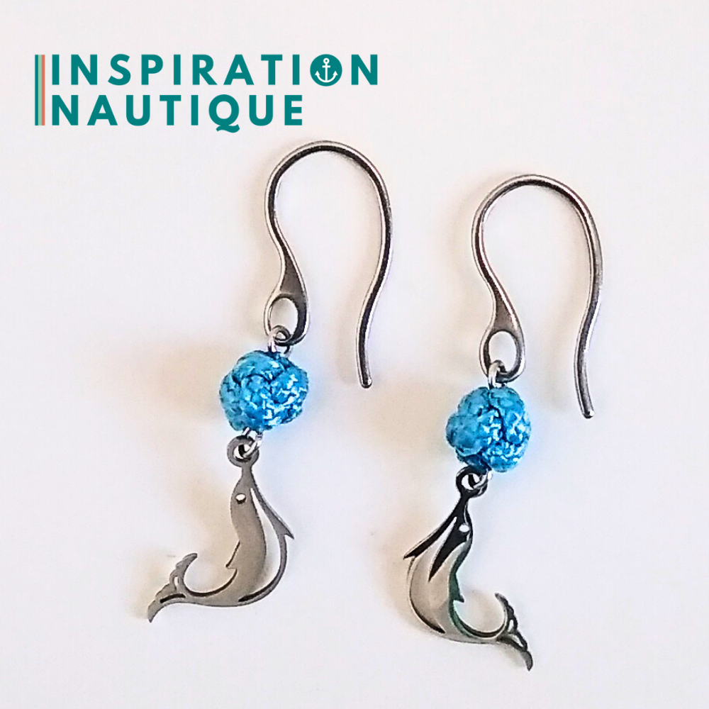 Boucles d'oreilles avec bille en corde et dauphin en acier inoxydable, Bleu pâle