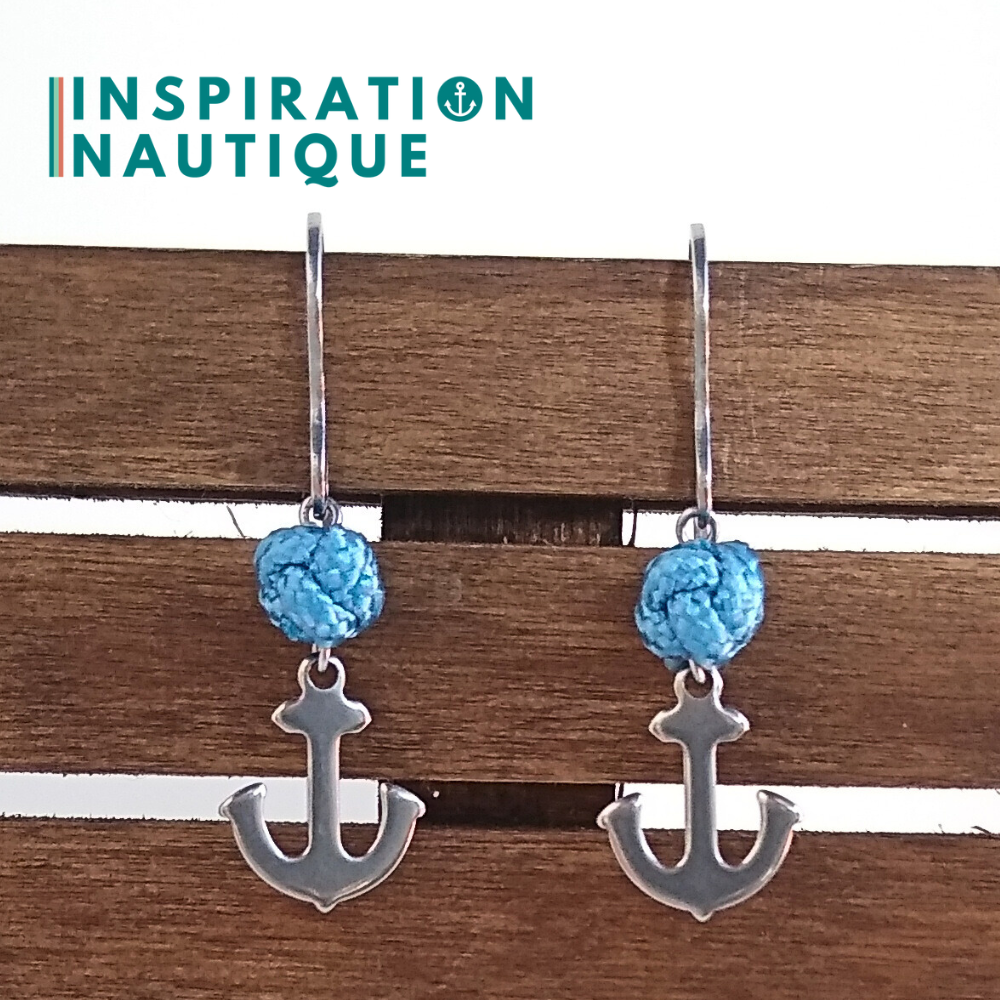 Boucles d'oreilles avec bille en corde et ancre en acier inoxydable, Bleu pâle