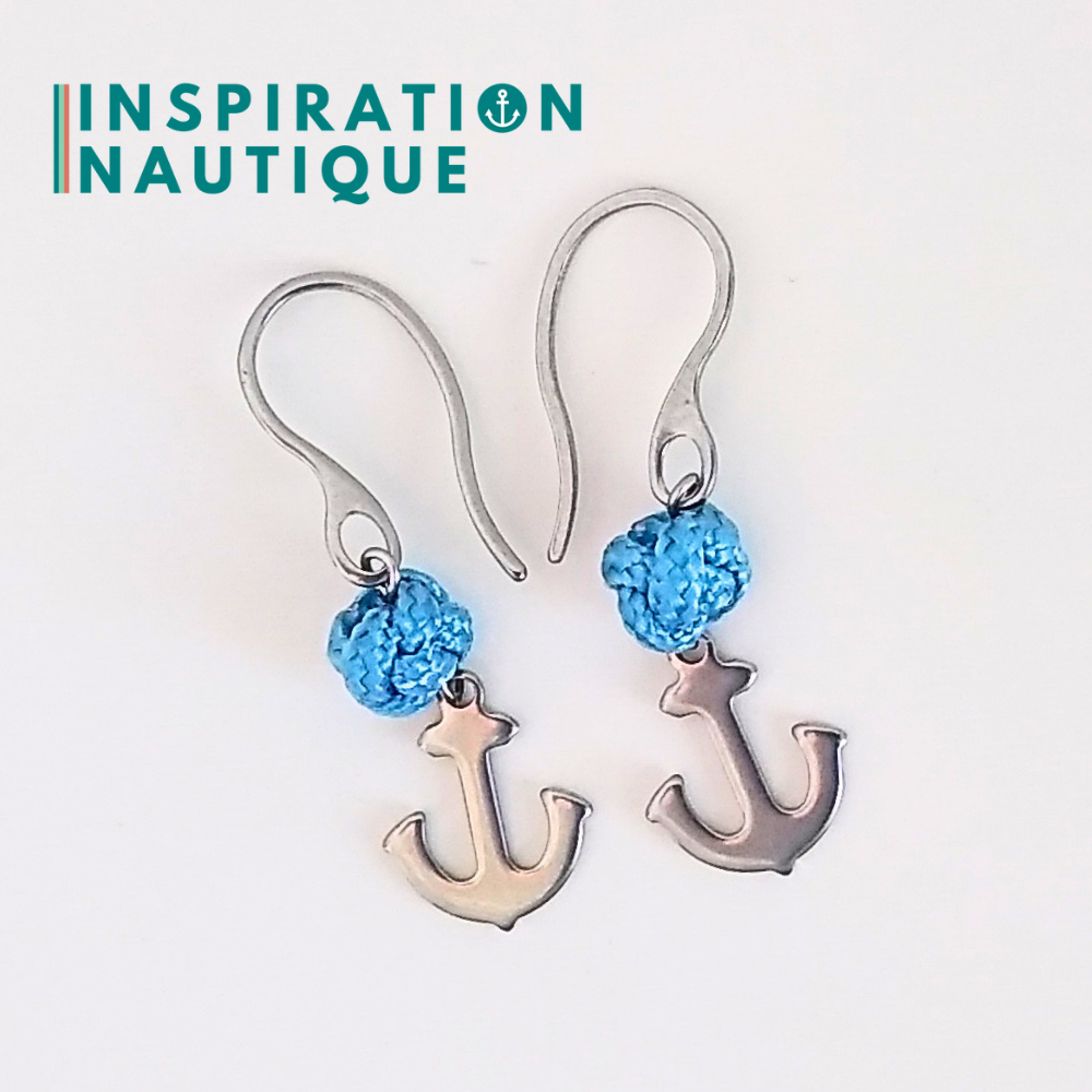 Boucles d'oreilles avec bille en corde et ancre en acier inoxydable, Bleu pâle