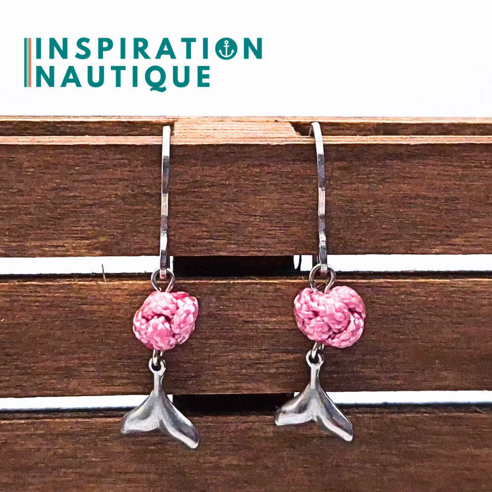 Boucles d'oreilles avec bille en corde et queue de baleine en acier inoxydable, Rose lavande