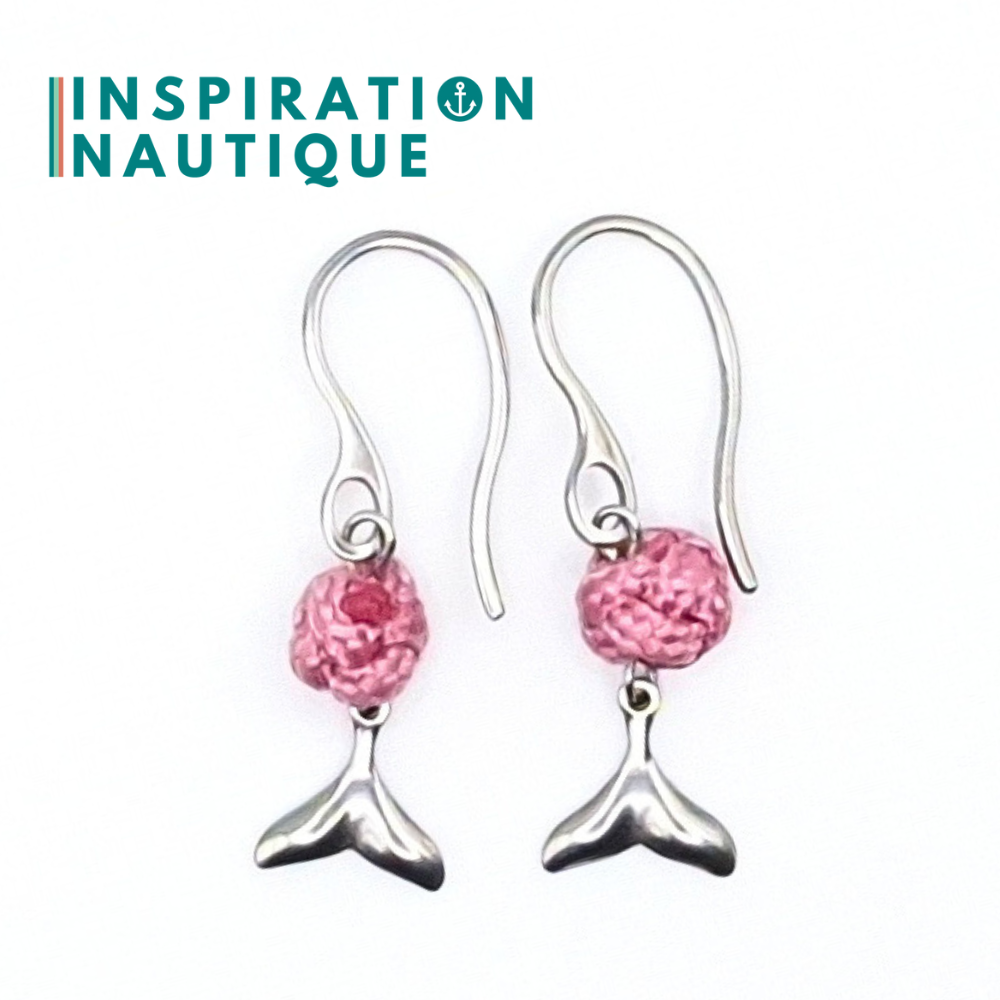 Boucles d'oreilles avec bille en corde et queue de baleine en acier inoxydable, Rose lavande