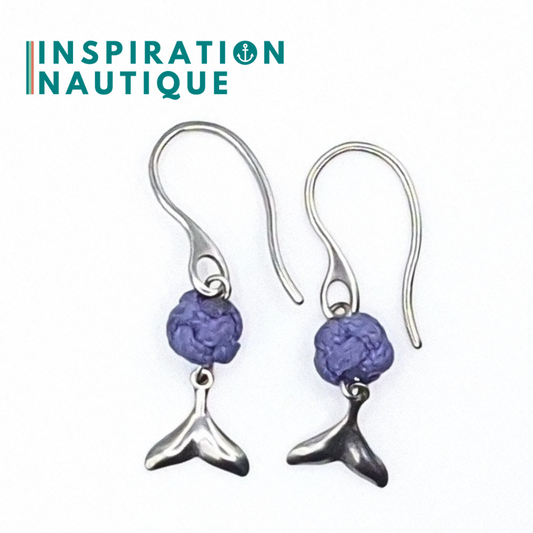 Boucles d'oreilles avec bille en corde et queue de baleine en acier inoxydable, Lavande mauve