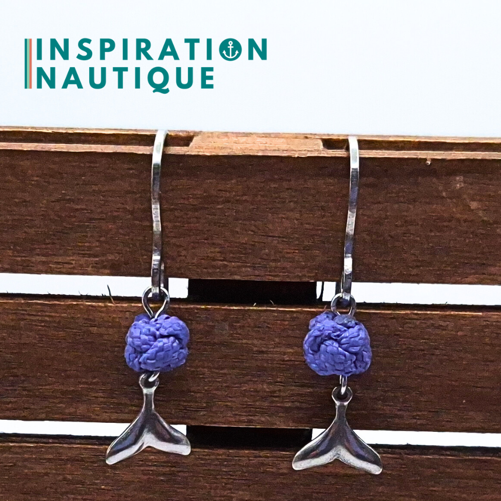 Boucles d'oreilles avec bille en corde et queue de baleine en acier inoxydable, Lavande mauve