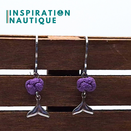 Boucles d'oreilles avec bille en corde et queue de baleine en acier inoxydable, Lilas