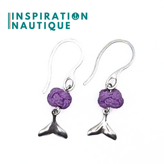 Boucles d'oreilles avec bille en corde et queue de baleine en acier inoxydable, Lilas