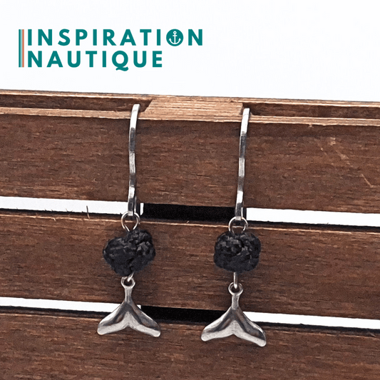 Boucles d'oreilles avec bille en corde et queue de baleine en acier inoxydable, Noires