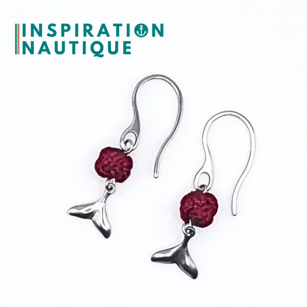 Boucles d'oreilles avec bille en corde et queue de baleine en acier inoxydable, Bourgognes