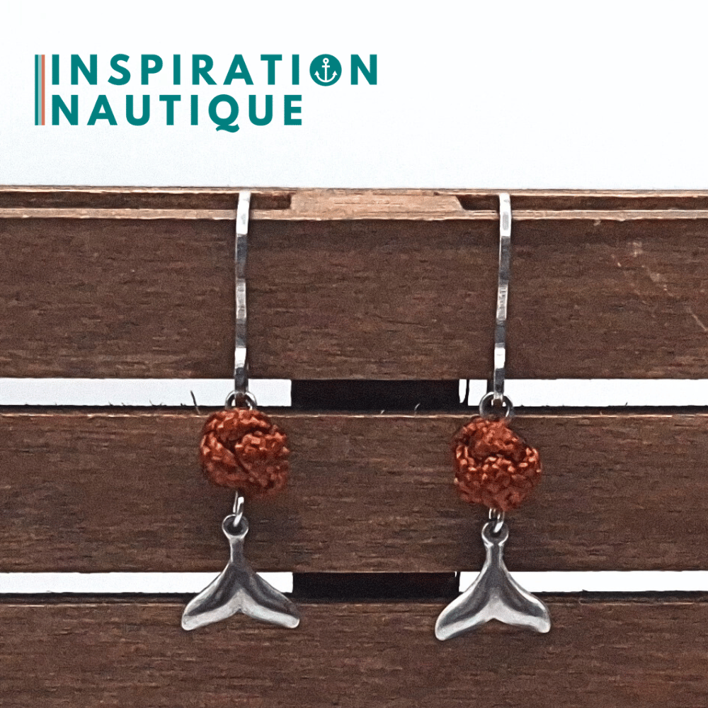 Boucles d'oreilles avec bille en corde et queue de baleine en acier inoxydable, Rouilles