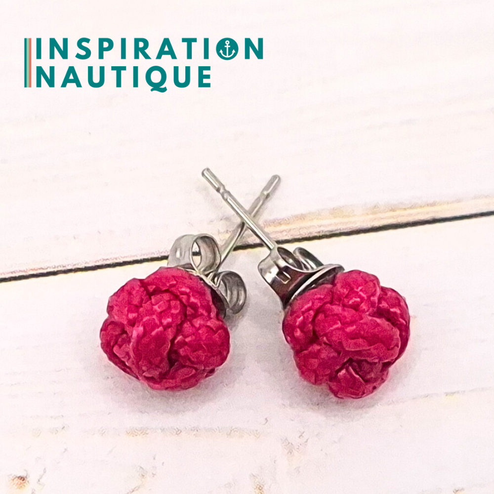 Boucles d'oreilles nautiques, boutons en noeud de sifflet de bosco, Fuchsia