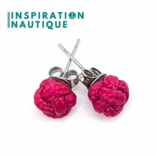 Boucles d'oreilles nautiques, boutons en noeud de sifflet de bosco, Fuchsia