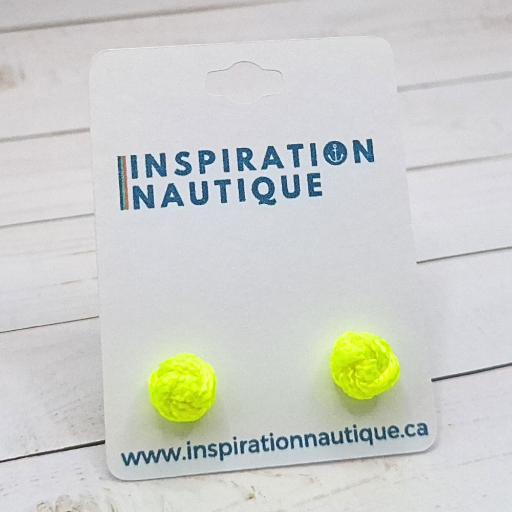 Boucles d'oreilles nautiques, boutons en noeud de sifflet de bosco, Jaune fluo