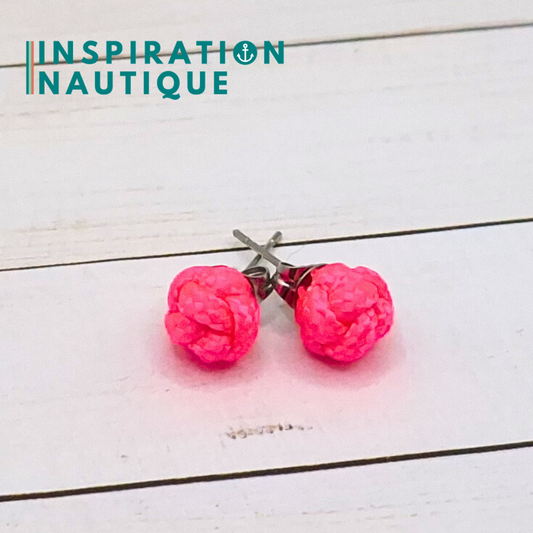 Boucles d'oreilles nautiques, boutons en noeud de sifflet de bosco, Rose fluo