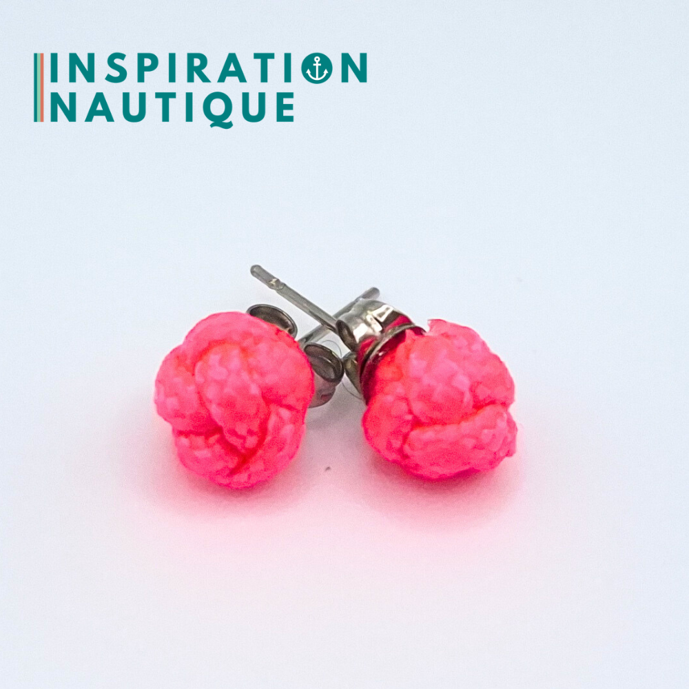 Boucles d'oreilles nautiques, boutons en noeud de sifflet de bosco, Rose fluo